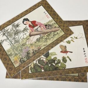Vintage Asian Art Handpainted Watercolors Paper On Silk Double Sided Set Of Four